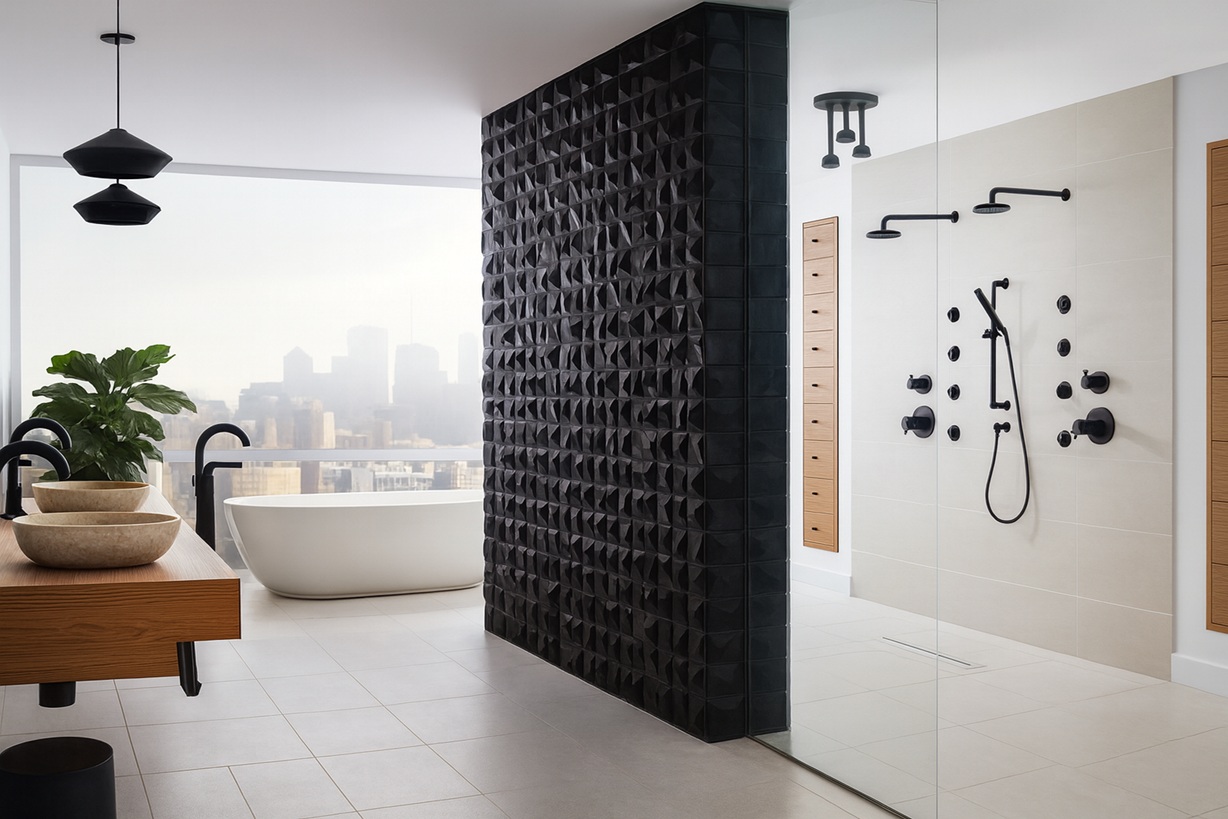 Thermostatic LED body-massage shower with brushed finishes in a modern architectural setting